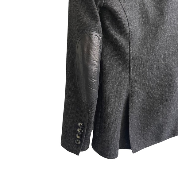 SMYTHE Wool Charcoal Gray Herringbone Equestrian Blazer Leather Elbow Patches 4 - Picture 6 of 11